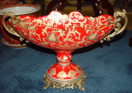 French Red and Gold Lotus Scroll - Luxury Handmade Reproduction Chinese Porcelain and Gilt Brass Ormolu - 19 Inch Footed Flower Bowl | Centerpiece - Style B358