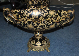 Ebony Black and Gold Lotus Scroll - Luxury Handmade Reproduction Chinese Porcelain and Gilt Brass Ormolu - 19 Inch Footed Flower Bowl | Centerpiece - Style B358