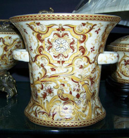 Burgundy Medallion and Gold - Luxury Handmade Reproduction Chinese Porcelain - 7.5 Inch Decorative Container | Planter - Style 67