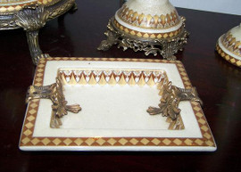 Neo Classical Ivory and Gold - Luxury Handmade Reproduction Chinese Porcelain and Gilt Brass Ormolu - 6.5 Inch Small Decorative Rectangular Dish Style E209