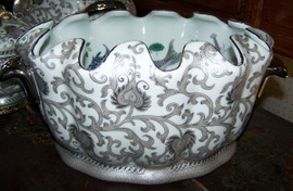 White and Sterling Silver Lotus Scroll - Luxury Handmade Reproduction Chinese Porcelain - 12 Inch Scalloped Shell Foot Bath | Planter | Centerpiece - Style C591