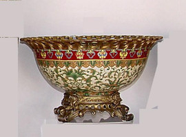 Chinese Red and Fern Green - Luxury Handmade Reproduction Chinese Porcelain and Gilt Brass Ormolu - 16 Inch Decorative Display Bowl | Centerpiece Style F78