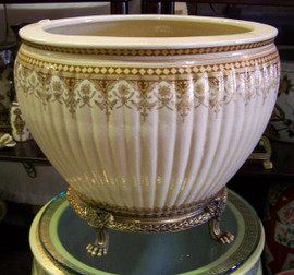 Style BS35 - Neo Classical Ivory and Gold - Luxury Handmade Reproduction Chinese Porcelain and Gilt Brass Ormolu - 18 Inch Ribbed Fish Bowl | Fishbowl, Cachepot Statement Planter - Style BS35