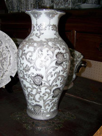 White and Sterling Silver Lotus Scroll - Luxury Handmade Reproduction Chinese Porcelain - 12 Inch Mantel Vase | Jardiniere - Style 3