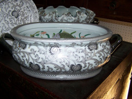 Style 591 - White and Sterling SIlver Lotus Scroll - Luxury Handmade Reproduction Chinese Porcelain - 18 Inch Foot Bath | Planter | Centerpiece Style 591
