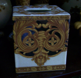 Ebony Black and Gold Acanthus, Luxury Handmade Reproduction Chinese Porcelain, 6 Inch Boudoir - Boutique Tissue Box, Style M422