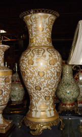 Ivory and Gold Lotus Scroll Arabesque with Gilded Brass Ormolu - Luxury Handmade Reproduction Chinese Porcelain - Statement 27 Inch Palace Vase | Tabletop Jardiniere - Style New