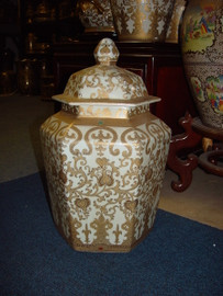White and Gold Lotus Scroll - Luxury Handmade Reproduction Chinese Porcelain - 21 Inch Covered Hexagon Temple Jar Style A11