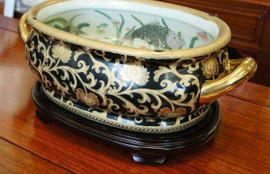 Style 591 - Ebony Black and Gold Lotus Scroll - Luxury Handmade Reproduction Chinese Porcelain - 22 Inch Foot Bath | Planter | Centerpiece Style 591