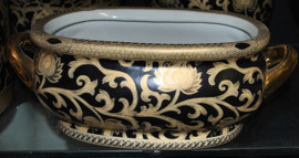 Style 591 - Ebony Black and Gold Lotus Scroll - Luxury Handmade Reproduction Chinese Porcelain - 12 Inch Foot Bath | Planter | Centerpiece Style 591