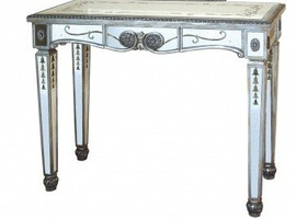 Reverse Hand Painted Silver Mirror - 38 Inch Small Accent Console or Sofa Table - Louis XVI Neo Classical Style