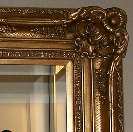 Mirror Beveled 1.5" Wide Drama Bevel, Looking Glass 36" X 36" Drama Bevel Looking Glass Pictured with Style 0222, 7.5" Oversized Frame, 4447