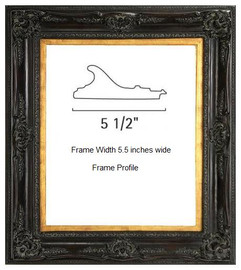 Chic Ebony Black and Gold Leaf, 5.5" Wide Distressed Frame, Large 46" Drama Bevel Louis XIV Baroque Mirror, 4412