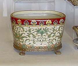 Style 591A - Flower Bowl | Centerpiece Planter - | Chinese Red and Fern Green - Luxury Handmade Reproduction Chinese Porcelain and Gilt Brass Ormolu - 10 Inch