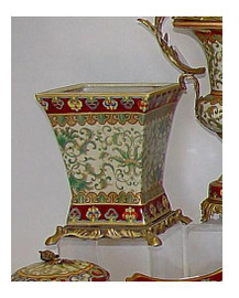 Style A975 - Vase | Jardiniere | Centerpiece Planter | Chinese Red and Fern Green - Luxury Handmade Reproduction Chinese Porcelain and Gilt Brass Ormolu - 10 Inch