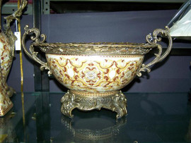 Burgundy Medallion and Gold - Luxury Handmade Reproduction Chinese Porcelain and Gilt Brass Ormolu - 16 Inch Statement Centerpiece Bowl - Style Q78