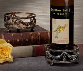 Guirlande de Butin, Swag Garland Indian Brass Coaster Set, 4.25 Inch Wine Holder Pair, Antiqued Silver Finish