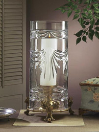 Swag Pattern - Bamboo and Leaf 17.5 Inch Pillar Candle Holder with Cut Crystal Hurricane Shade - Antiqued Brass Finish
