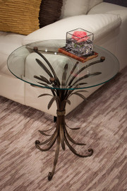 Wheat Bouquet - Iron Accent Side | End Table with 22 Inch Round Beveled Glass Top - Antiqued Bronze Finish