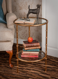 Iron Bamboo - Accent Side | End Table with Beveled Glass Top - 15.5 Inch Round Shape - Antiqued Gold Finish