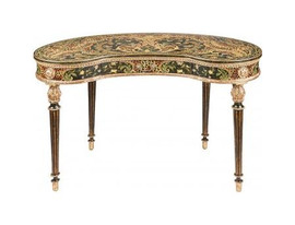 Luxe Life Louis XVI Style, Neo Classical - Hand Painted 46 Inch Kidney Shaped Bureau Plat Writing Desk - Spotted Leopard Print Design