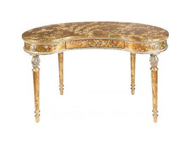 Luxe Life Louis XVI Style, Neo Classical - Hand Painted 46 Inch Kidney Shaped Bureau Plat Writing Desk - Metallic Gold Leaf Nature Design