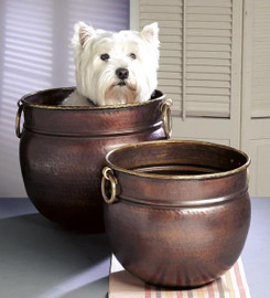 Hammered Body - Indian Brass Round Container Set - 14 Inch Planter - Aged Copper Finish