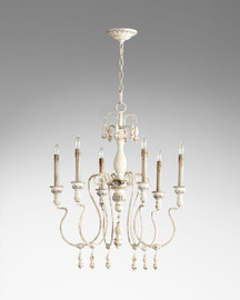 A French Country Style - Wood and Wrought Iron, 25.5L x 25.5 Round - Six Light Chandelier - Distressed Shabby Chic Finish with French Blue Accents