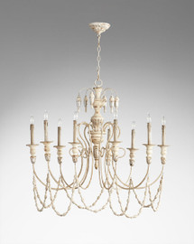 A French Country Style - Wood and Wrought Iron - Nine Light Chandelier - Distressed Shabby Chic Finish with Silver Accents