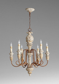 A French Country Style - Turned Wood and Wrought Iron Six Light, 31.5L x 25 Round Chandelier - Distressed Shabby Chic Finish