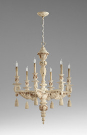 A French Contemporary Style - Greek Key, Acanthus, and Tassel - Wooden Six Light, 37.5L X 28 Round Chandelier - Shabby Chic Distressed White Finish