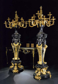 Grande Baroque, European Reproduction Gilt Bronze Ormolu, 86.58 Inch Floor | Palace Candelabra Pair, Polychrome, 24K Gold Finish, 4020