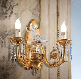 European Reproduction Rococo Wall Bracket Sconce in Gilt Bronze Ormolu - Porcelain Bisque Putto accent and Swarovski Strass Crystal - 15.75 inches and 24 Karat Gold Finish 3972