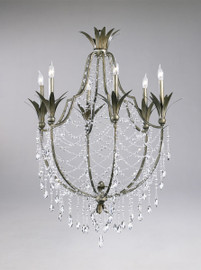 Feuille de Laurier - Rose Six Light Wrought Iron - 39.5 Inch Chandelier - Bronze Finish - Draped with Crystal