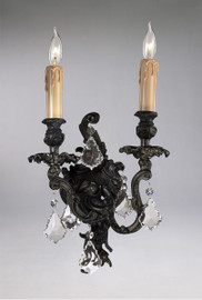 18th Century Two Light Solid Brass and Lead Crystal - 12 Inch Wall Bracket Sconce - Aged Bronze Finish