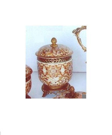 Burgundy Medallion and Gold - Luxury Handmade Reproduction Chinese Porcelain and Gilt Brass Ormolu - 12 Inch Tabletop Covered Jar - Style B826