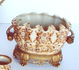 Burgundy Medallion and Gold - Luxury Handmade Reproduction Chinese Porcelain and Gilt Brass Ormolu - 14 Inch Scalloped Shell Foot Bath | Planter | Centerpiece - Style J591