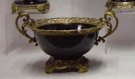 Jet Black Decorator Solid with D'or Brass Ormolu - Luxury Handmade Chinese Porcelain - Statement 16 Inch Centerpiece Bowl - Style Q78