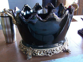 Style A467 - Flower Pot |Centerpiece Planter - | Jet Black Decorator Solid with D'or Brass Ormolu - Luxury Handmade Chinese Porcelain - 15 Inch