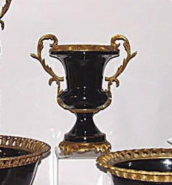 Jet Black Decorator Solid with D'or Brass Ormolu - Luxury Handmade Chinese Porcelain - Statement 14 Inch Trophy Cup | Vase - Style A857