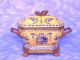 Yellow and Blue Oval Emblem Pattern - Luxury Hand Painted Porcelain and Gilt Bronze Ormolu - 7 Inch Covered Dish Style 577M