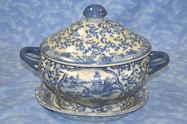 Blue and White Pagoda - Luxury Handmade Reproduction Chinese Porcelain - 14 Inch Tureen & Platter - Style 59