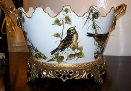 Style A467 - Flower Pot |Centerpiece Statement Planter | Bluebird Nature Scene - Luxury Handmade Reproduction Chinese Porcelain and Gilt Brass Ormolu - 15 Inch