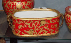 Style C593 - Rectangular Centerpiece Statement Planter | French Red and Gold Lotus Scroll - Luxury Handmade Reproduction Chinese Porcelain and Gilt Brass Ormolu - 17 Inches