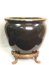 Style Q35 - Ebony Black Decorator Solid with D'or Brass Ormolu - Luxury Handmade Chinese Porcelain - Statement 16 Inch Fish Bowl | Fishbowl Planter Style Q35