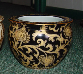 Ebony Black and Gold Lotus Scroll - Luxury Handmade Reproduction Chinese Porcelain - 06 Inch Fish Bowl | Fishbowl | Planter Style 35