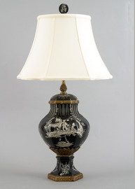 Ebony Black Toile Pattern - Luxury Hand Painted Porcelain and Gilt Bronze Ormolu - 28 Inch Tabletop Lamp