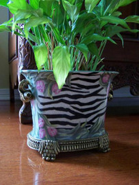 Style A878 - Oval Flower Pot |Centerpiece Statement Planter | Contemporary Zebra Stripe - Luxury Handmade Chinese Porcelain and Gilt Brass Ormolu - 10 Inch