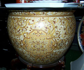 Burgundy Medallion and Gold - Luxury Handmade Reproduction Chinese Porcelain - 16 Inch Fish Bowl | Fishbowl | Planter | Side Table Base Style 35