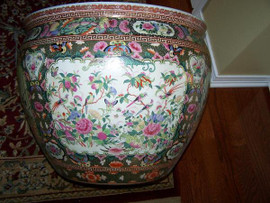 Nature Scene Gold Rose Medallion - Luxury Handmade Reproduction Chinese Porcelain - 20 Inch Fish Bowl | Fishbowl Planter | Side Table Base Style 35